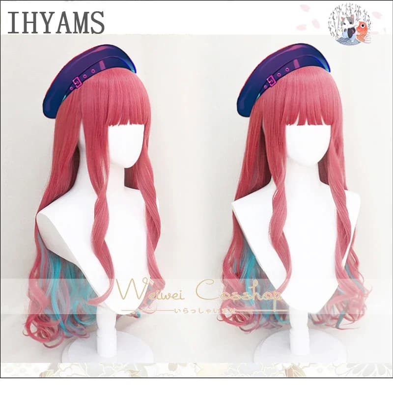 HIP HOP Paradox Live BAE Anne Faulkner Cosplay Wig 80cm Long Curly Pink Blue Mixed Synthetic Hair Halloween Party   Wig Cap