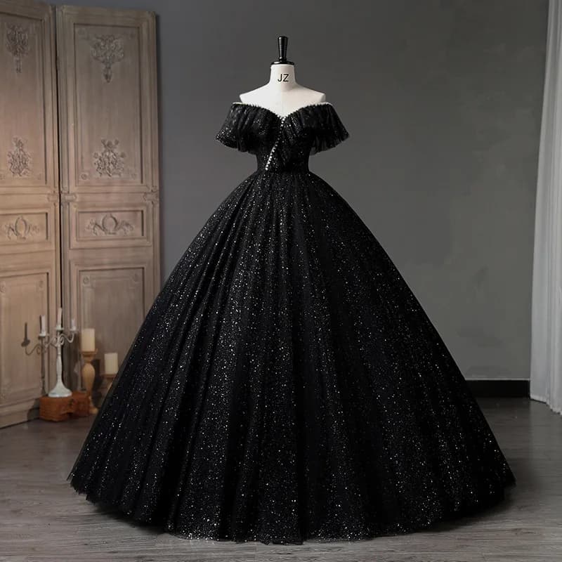 Black Ball Gown Simple Luxury Bling Shiny Quinceanera Dresses Classic Off The Shoulder Long Puffy Dress For Prom Customized