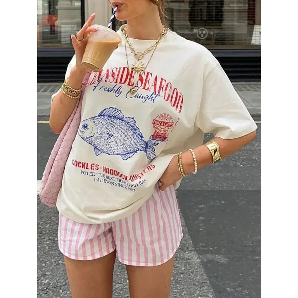 Summer American Street Ins Personalized Seafood Graphic T-shirts Fashion Y2K Aesthetic Street Clothing Short-sleeved Loose Tops