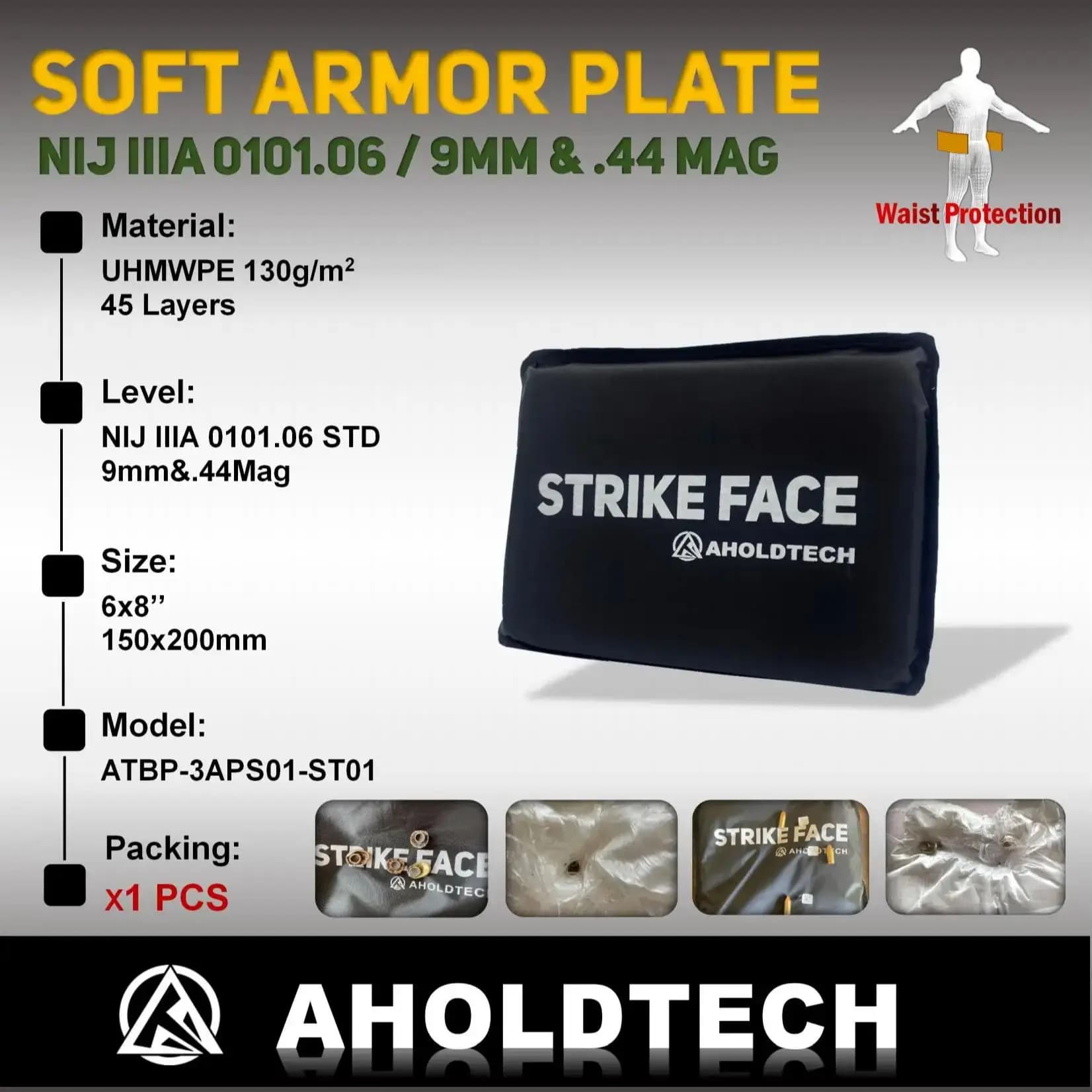 Aholdtech ST01 6X8 150*200 NIJ IIIA 3A Soft Bulletproof Plate Ballistic Vest Bulletproof Board Side Waist Armor Panel