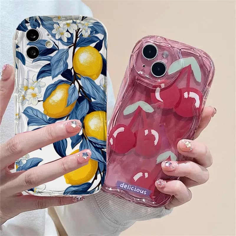 Pink Cherry Lemon Soft Clear TPU Phone Case For IPhone 15 14 11 16 Pro Max 12 13 MIni XR Flower Wavy Bumper Silicone Cases Cover
