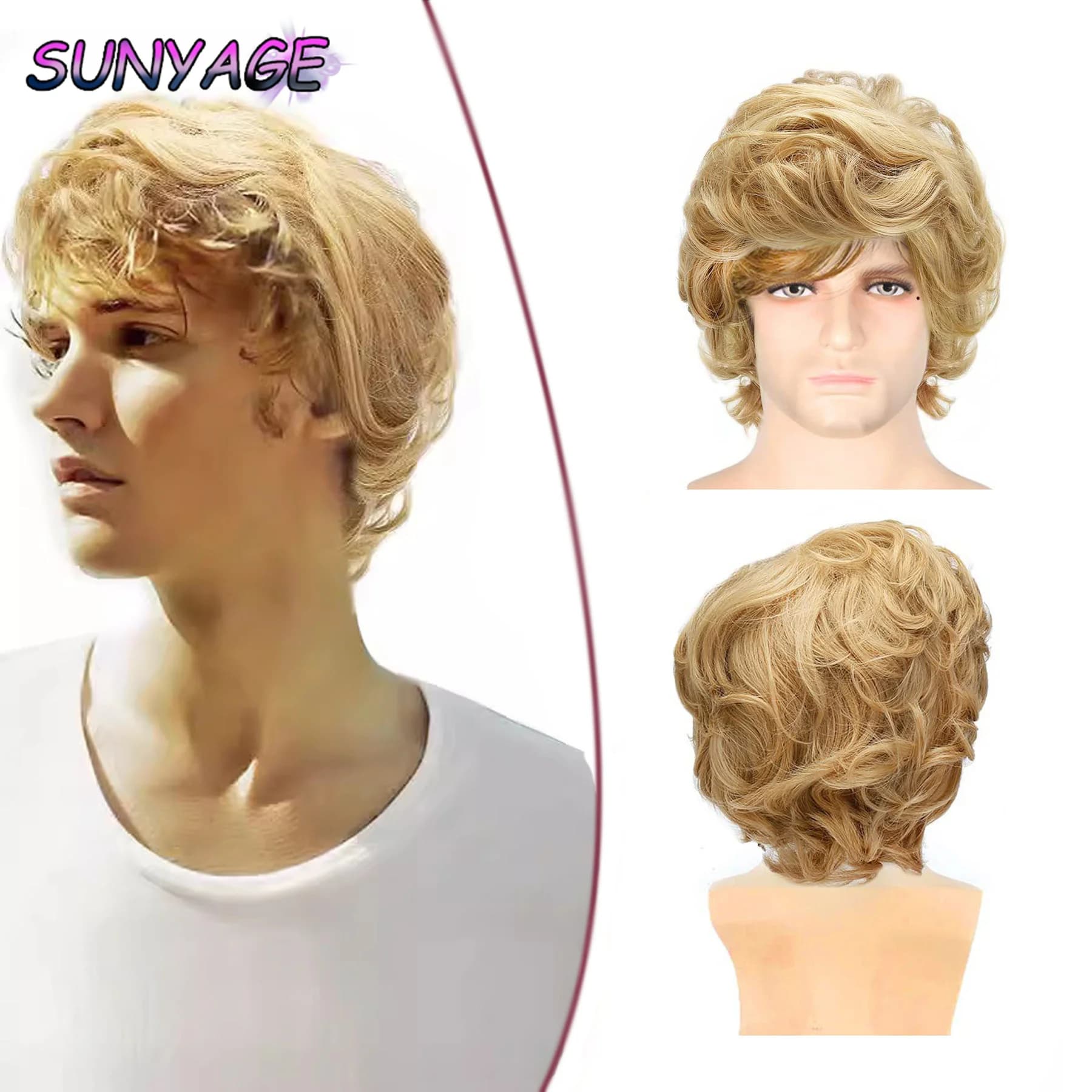 SUNYAGE Mens Wig Short Blonde Wig Short Layered Synthetic Hair for Male Cosplay Anime Halloween Wig