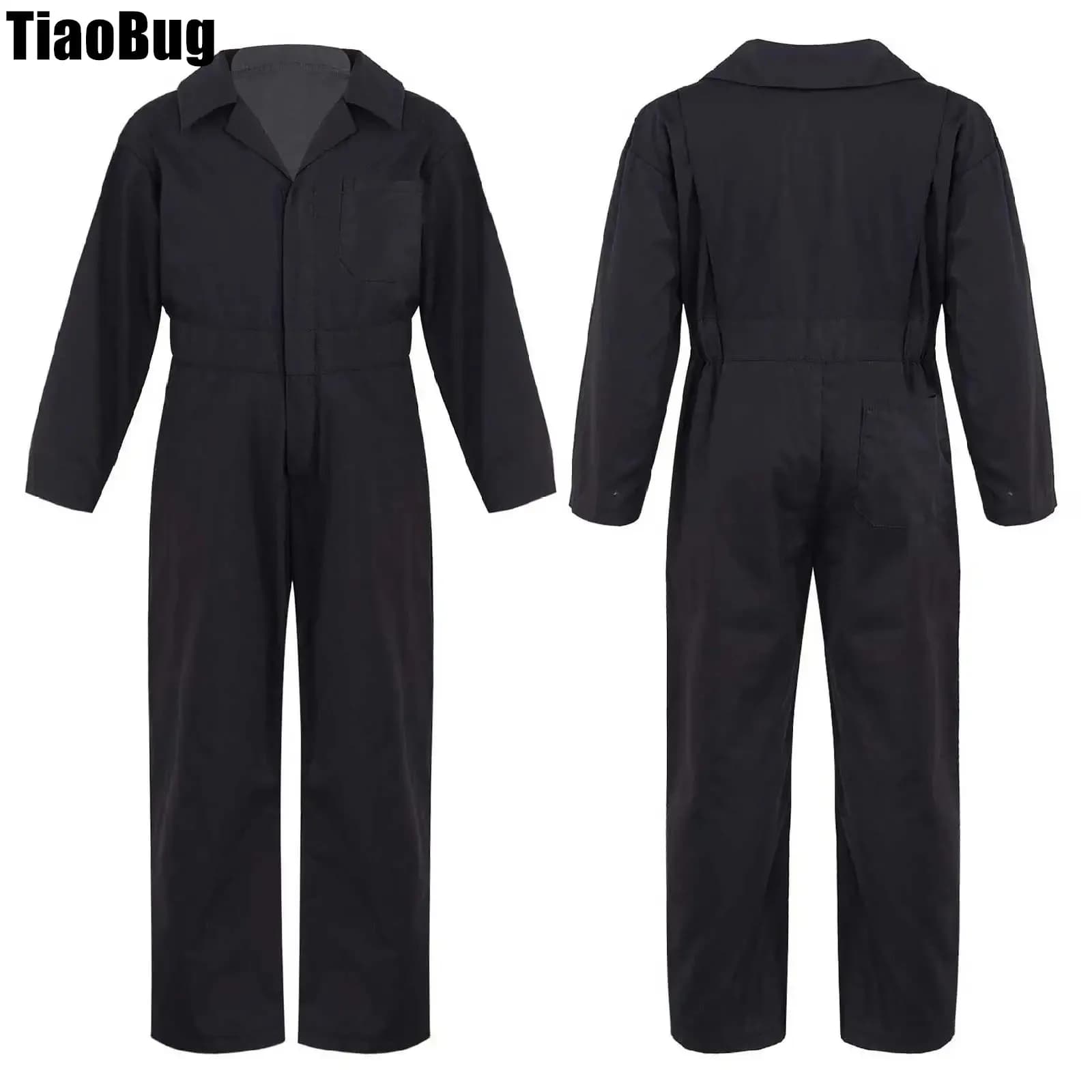 Kids Boys Turndown Collar Jumpsuit Zipper Closure Jumpsuit Front Solid Color Coverall Style Stylish Clothing Long Sleeve