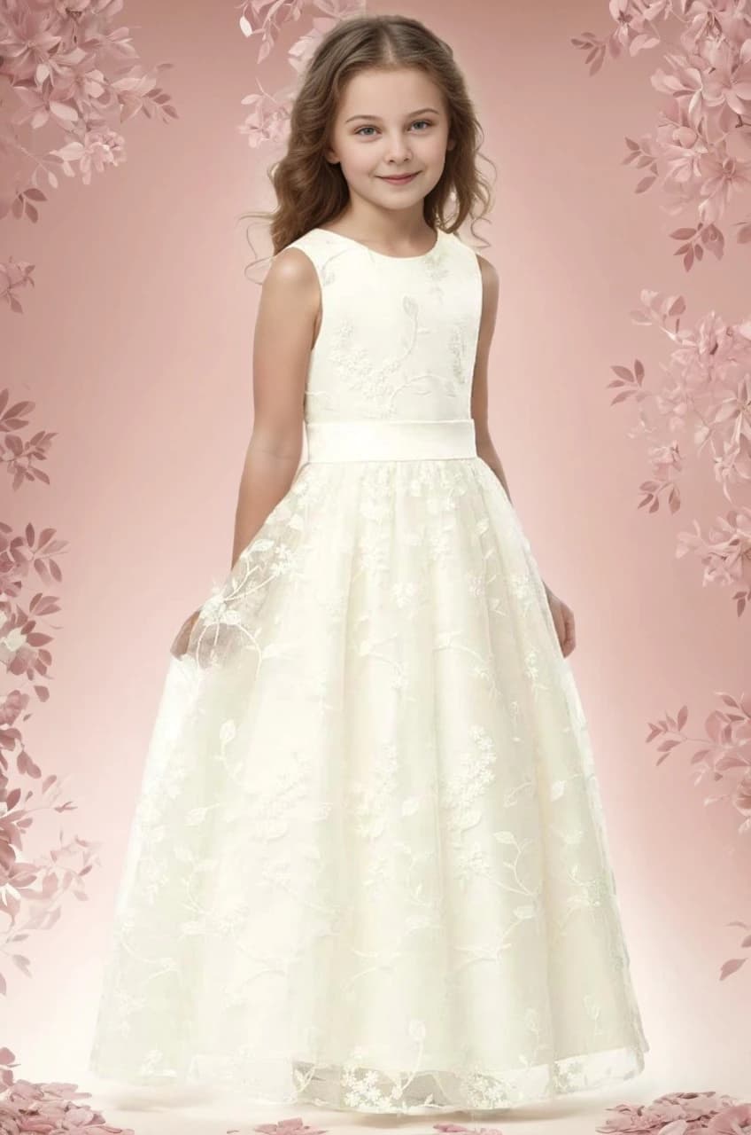 2-13 Years Flower Girl Dress Princess Embroidery Lace O-neck Sleeveless Long Dresses A-line Floor-length Wedding Communion Dress