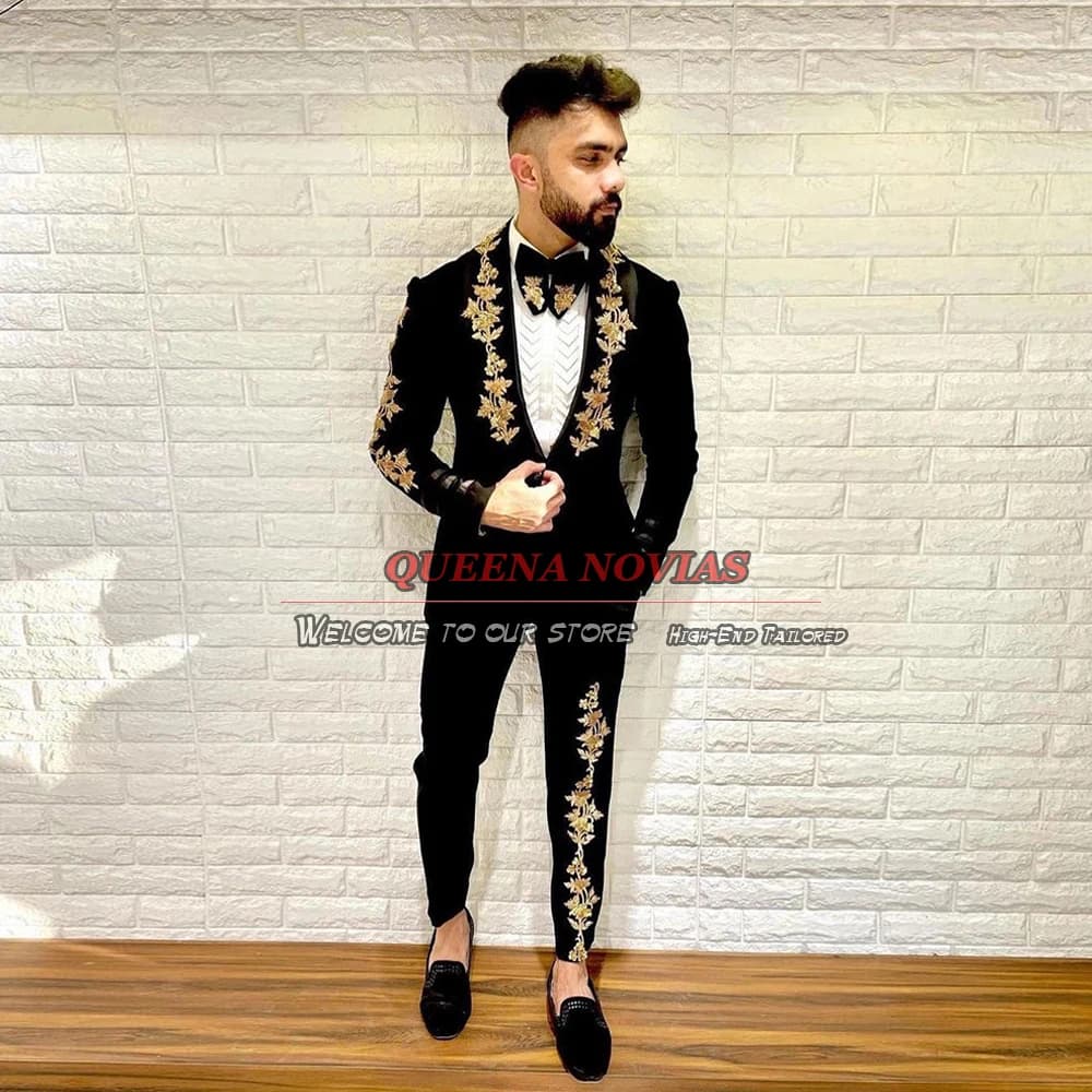 Luxury Black Groom Men Suits Skinny Formal Wedding Party Tuxedo Male Fashion Velvet Blazer Sets With Gold Appliques Coat Latest