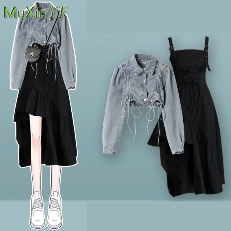 Women's 2025 Spring Autumn New Dress Matching Set Korean Elegant Vintage Short Denim Jacket+irregular Strap Skirt Two-piece Suit