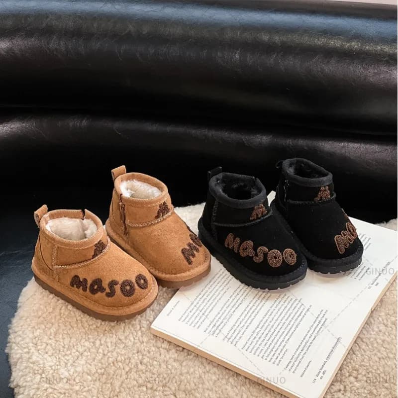 2024 New Winter Baby Snow Boots leather Warm Plush Little Boys Shoes Non-slip Fashion Toddler Girls Boots