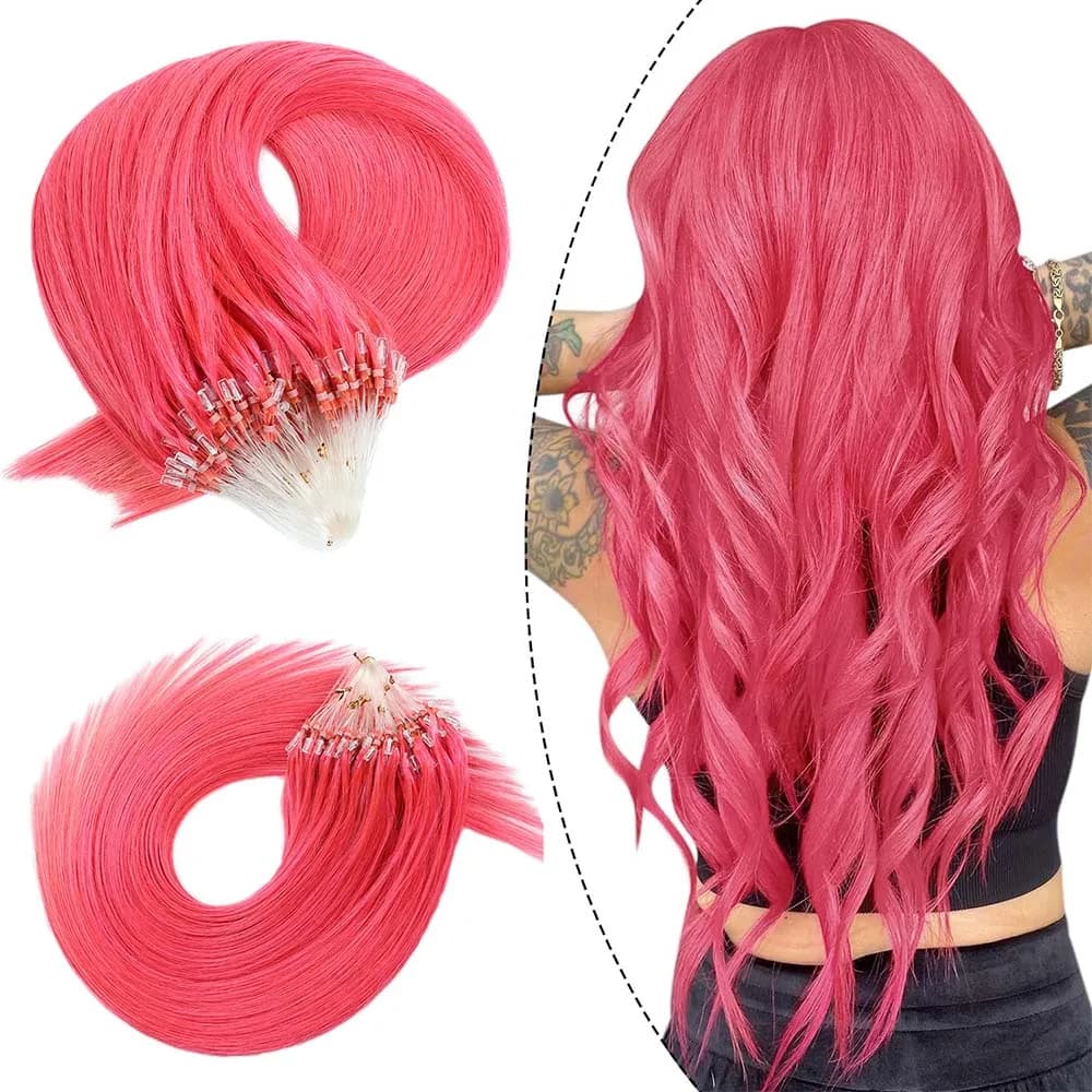 Hot Pink Micro Loop Hair Extensions Real Human Hair Natural Straight Remy Hair Colorful Microring Hair Extensions for Women 50g