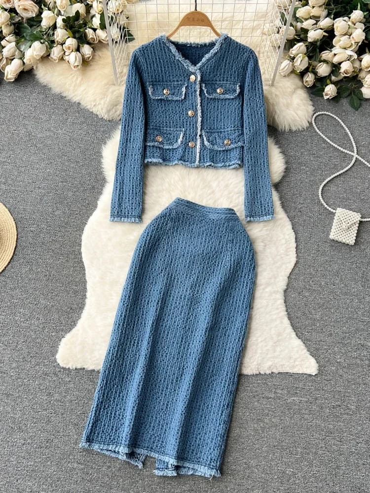 Women Office Lady Knitt Denim Suits Long Sleeves Autumn Blouse+Split Long Skirt Vintage Fashion Designer Jeans 2 Piece Sets 2024