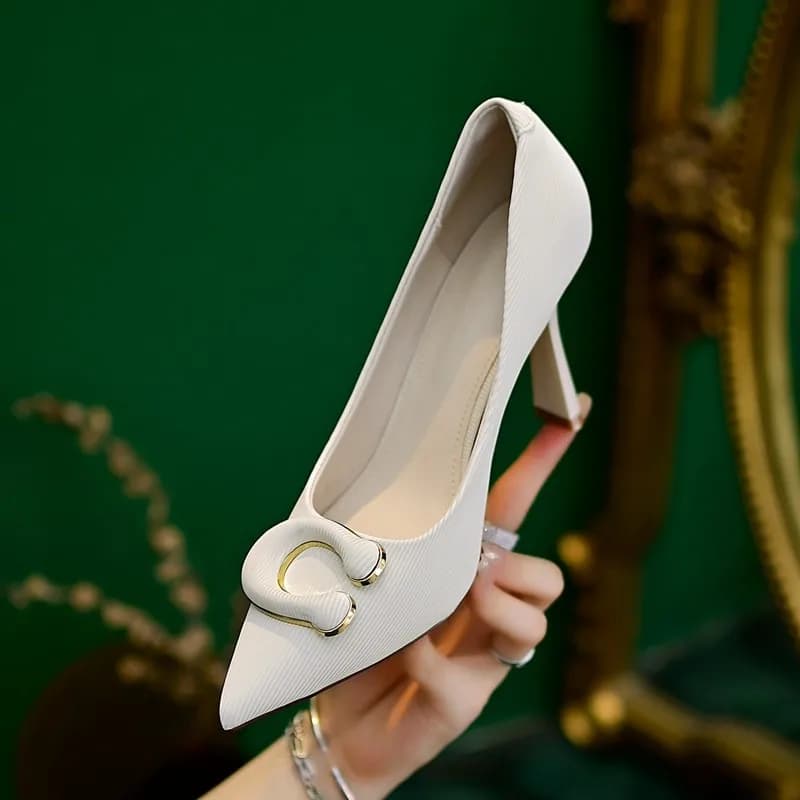 Women's Fashion Thin Heel Shoes Autumn New Pointed Head Shallow Mouth Metal Buckle A Slip-on Wear-resistant High Heels