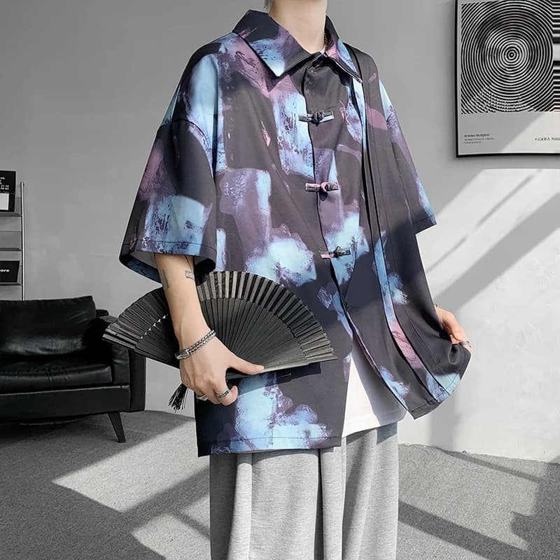 M-5XL Plus Size Men's Chinese Traditional Shirt Tai Chi Kung Fu Turn Collar Knot Button Shirt Short Sleeve Summer Clothing Male