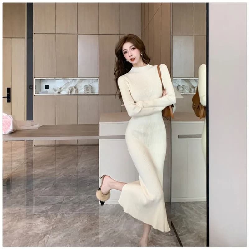 French Long-sleeved Knitted Dress Half High Neck Slim Sweater Maxi Ribbed Purple Bodycon Skirt Formal Occasions Elegant Gowns