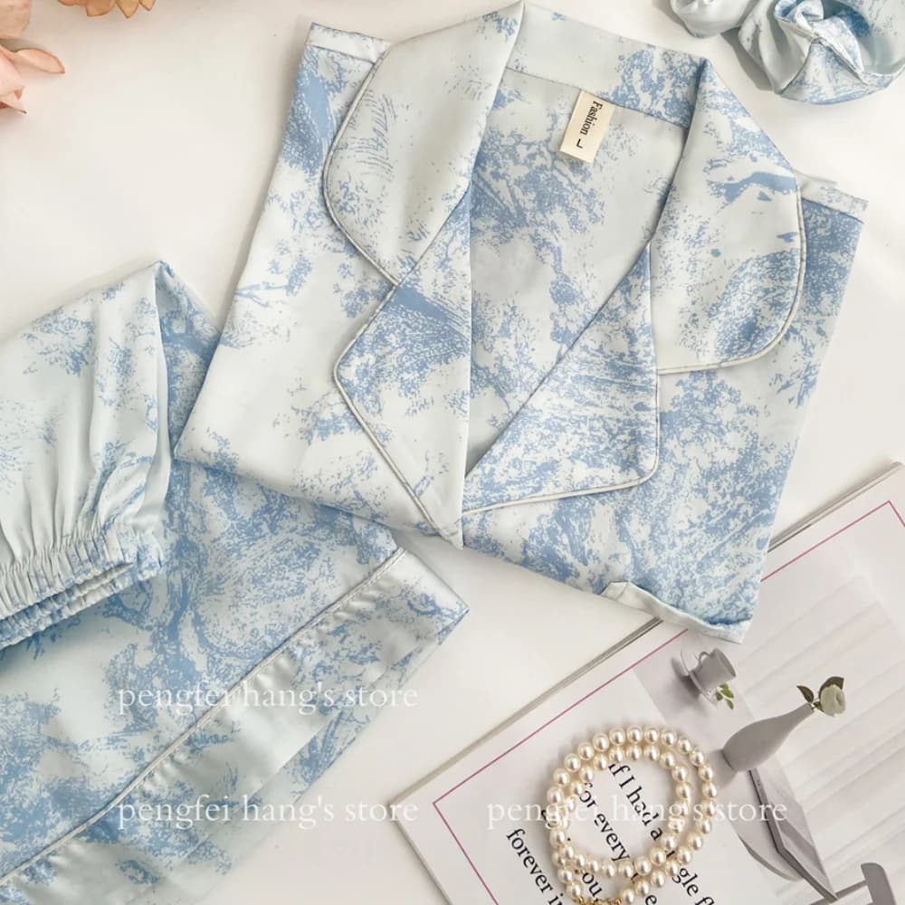 2Pcs Pajamas Luxury Print Nightwear Women Short Sleeve Shirt&shorts Suit Spring Autumn Ice Silk Home Clothes Loose Nightwear