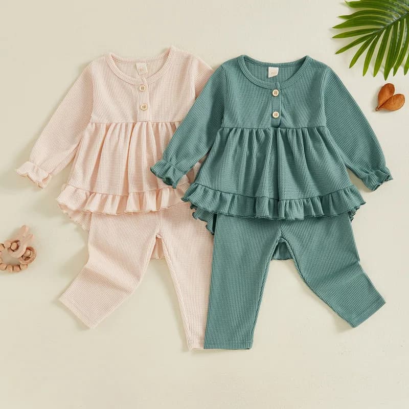 6 Months to 4 Years Little Girl Waffle Pant Sets Spring Autumn Clothes Long Sleeve Babydoll Tops Elastic Waist Pants
