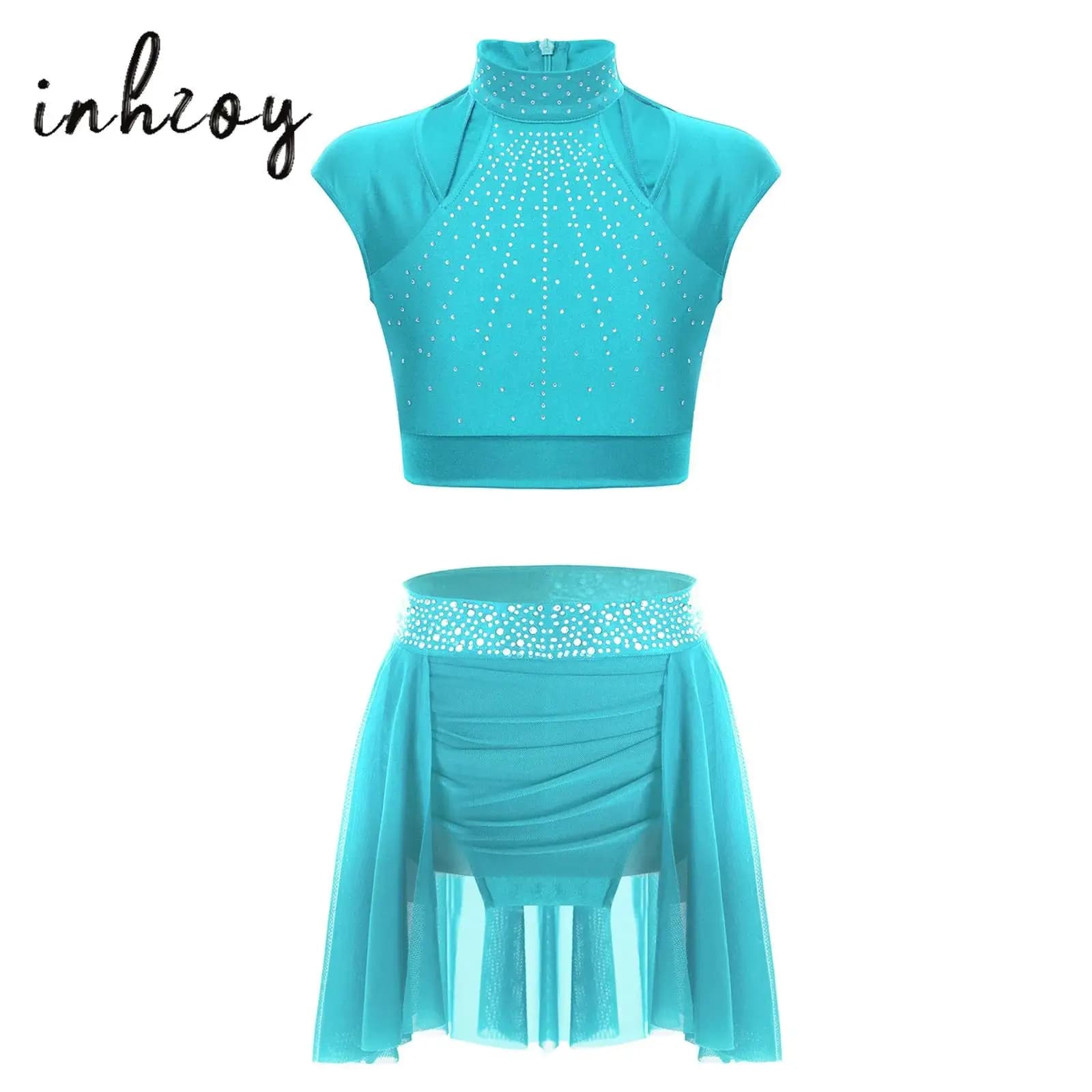 Girls Lyrical Dance Outfits Figure Skating Gymnastics Modern Contemporary Costume Rhinestones Crop Tops with Skirted Briefs Set