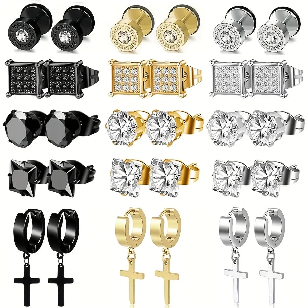 3-15 Pairs Stainless Steel Earrings Cross Dangle Hinged Earrings, Cubic Zirconia Stud Earrings For Men, Ear Piercing Jewelry