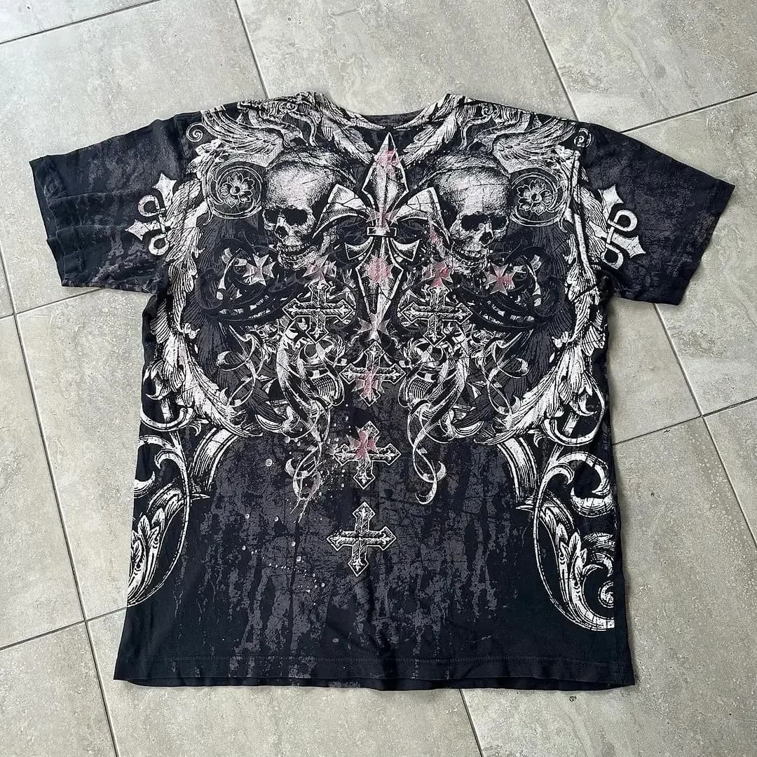 Streetwear Y2K Affliction T shirts Hip Hop Tee Gothic Skull Cross Print Round Neck Oversized Short sleeve Trendy Graphic Tshirts