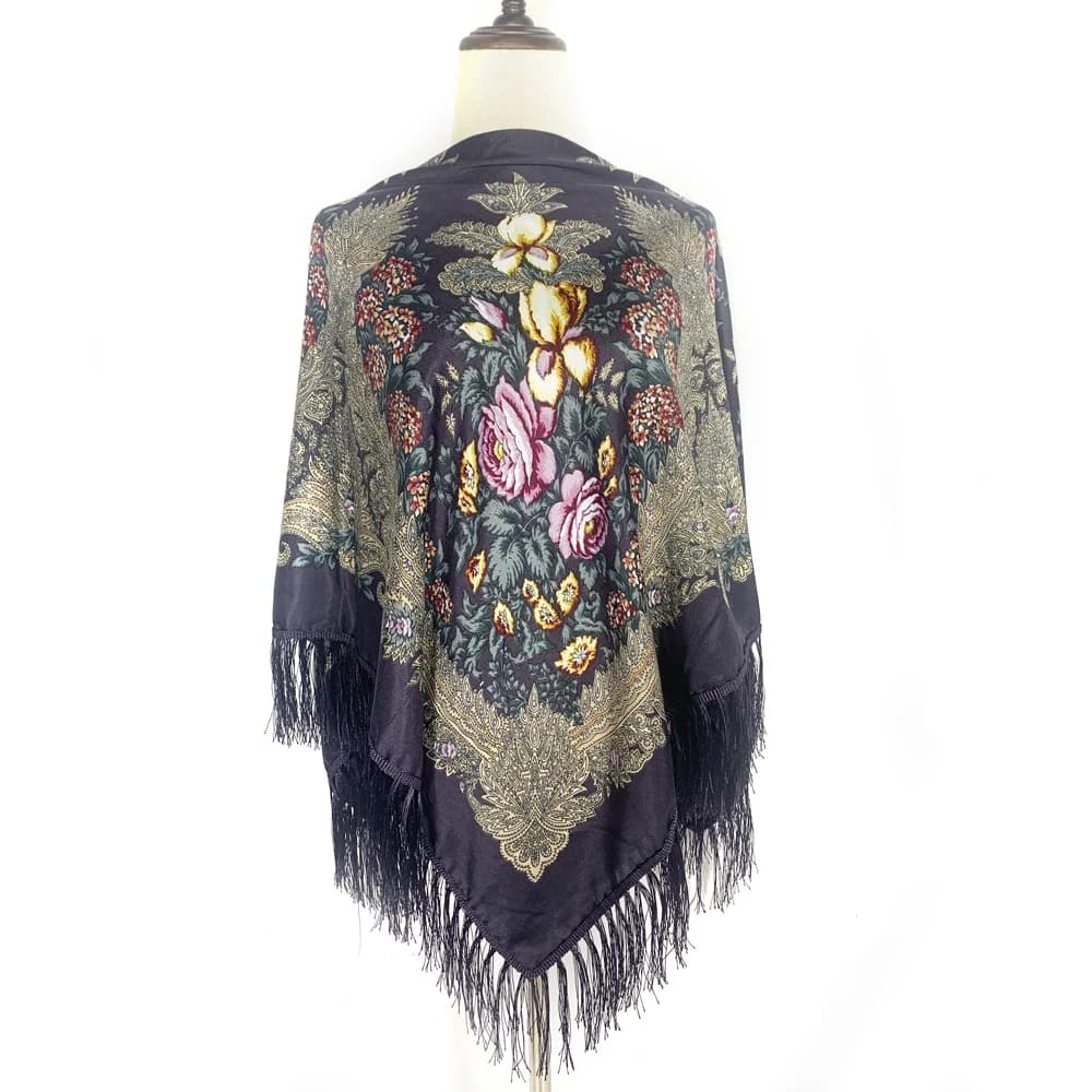 130*130cm Ethnic Style Russian Square Scarf Luxury Women Floral Print Ukrainian Fringed Shawl Babushka Bandana Head Wraps