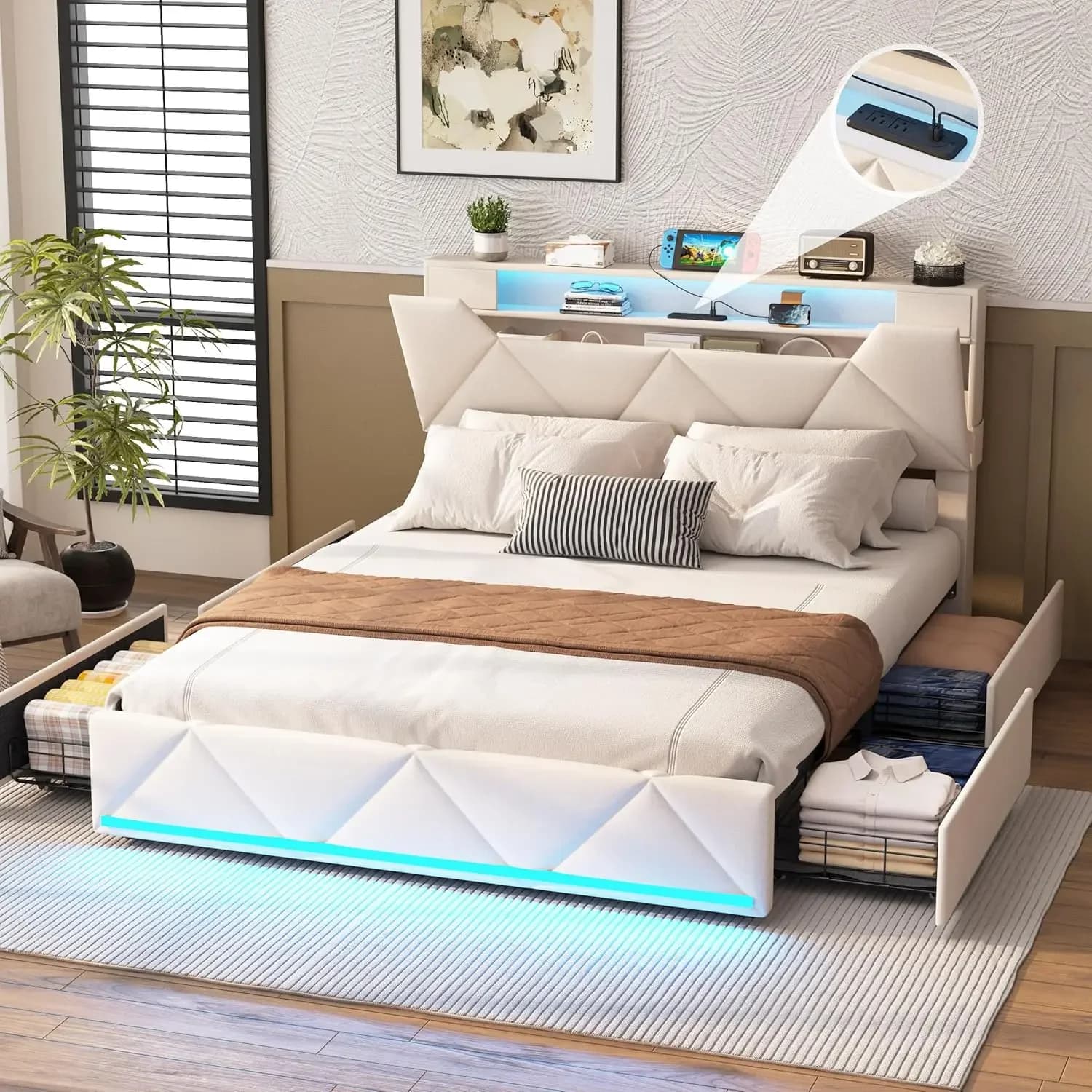 Vabches Bed Frame Queen with Storage Headboard&4 Drawers Upholstered Platform Bed Frame with Charging Station&LED Lights Bedroom