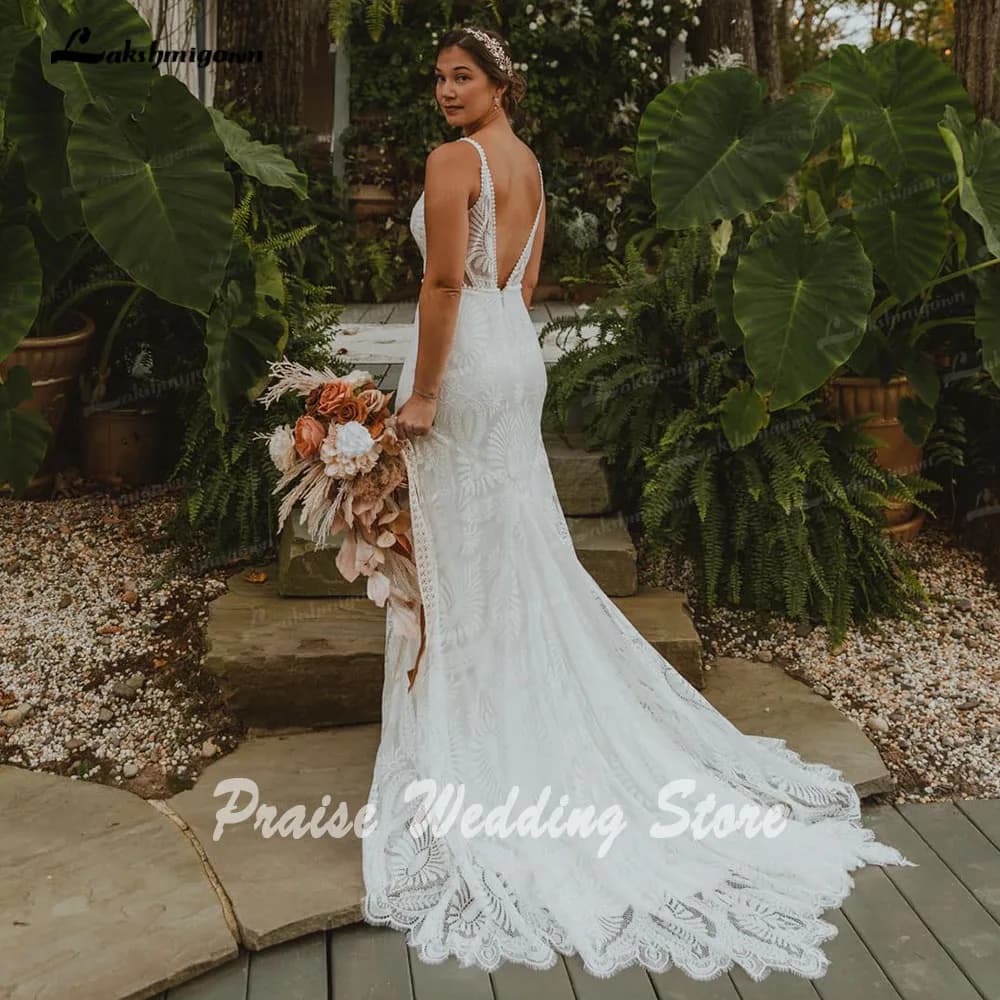 Lakshmigown Rustic Lace V Neck Mermaid Boho Bohemian Wedding Dress for Women 2024 Backless Bridal Gown vestido novia bohemio