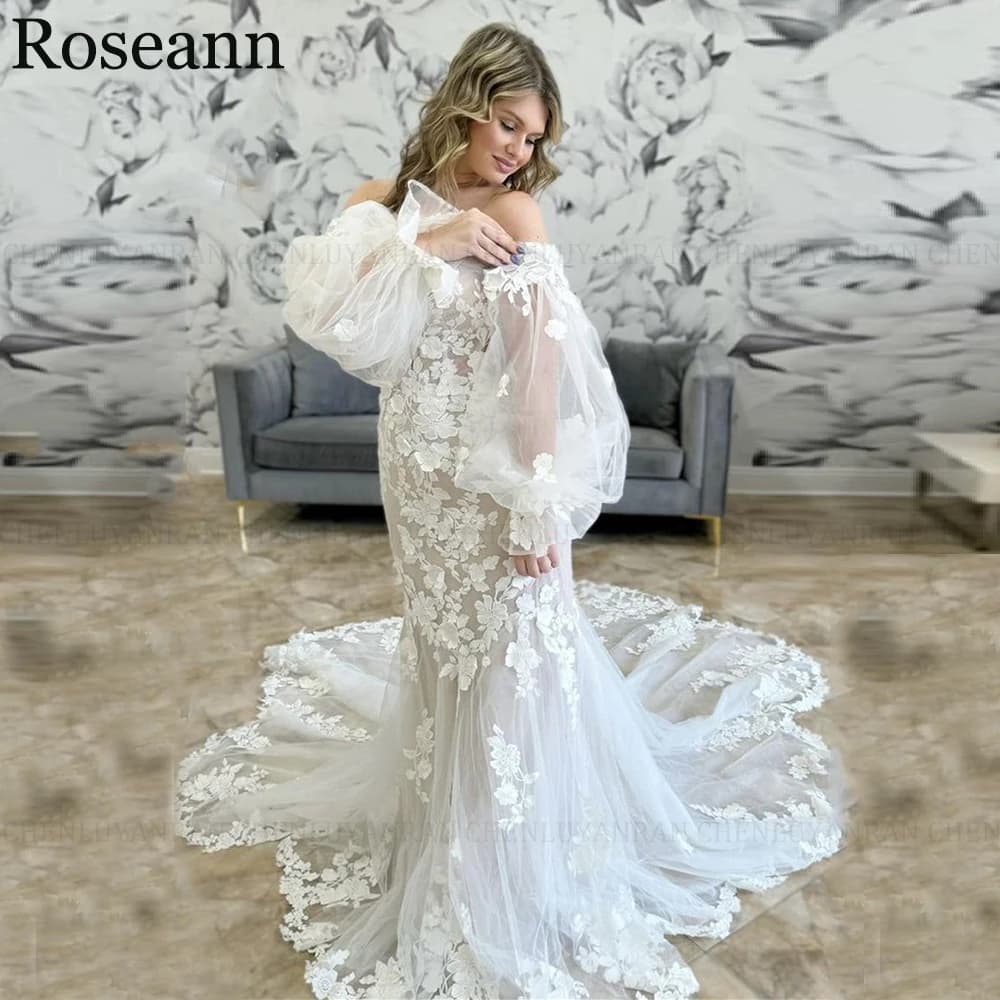 ROSEANN Luxury Mermaid Off the Shoulder Illusion Wedding Dresses 2024 New Zipper Backless Appliques Bridal Gown Vestido De Novia