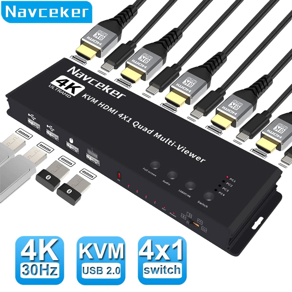 Navceker KVM HDMI-compatible Multiviewer 4K 4 In 1 Out 1080P Quad Screen Multi Viewer HDMI Multi-Viewer Seamless Switch with IR