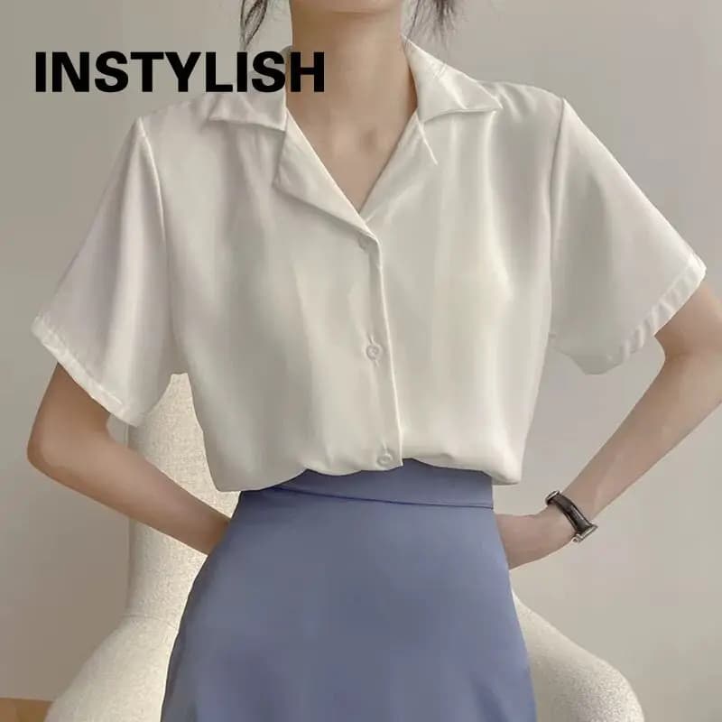 Women Summer Elegant Solid Chiffon Blouses Casual Turn Down Collar Short Sleeve Loose Shirts Korean Chic Top Female Tunic