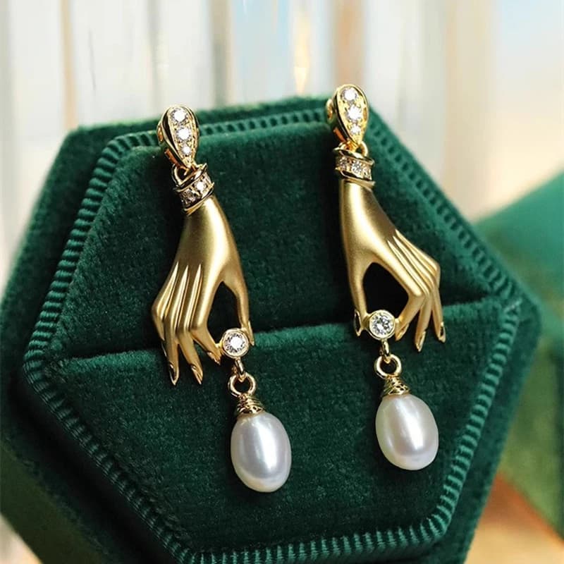 Huitan Novel Design Hand with Imitation Pearl Dangle Earrings for Women Hot Trendy Female Accessory Daily Wear Statement Jewelry