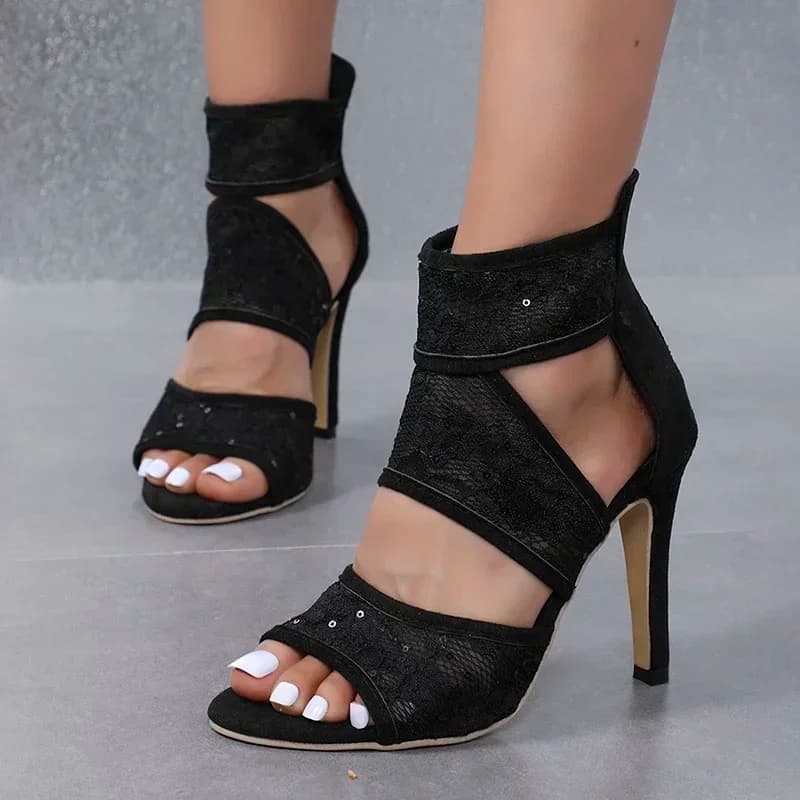 2024 New Summer Fashion Round Head Open Toe Sexy Lace Breathable Panel Zipper Casual Slim Heels Women's Large Heel Sandals 35-43