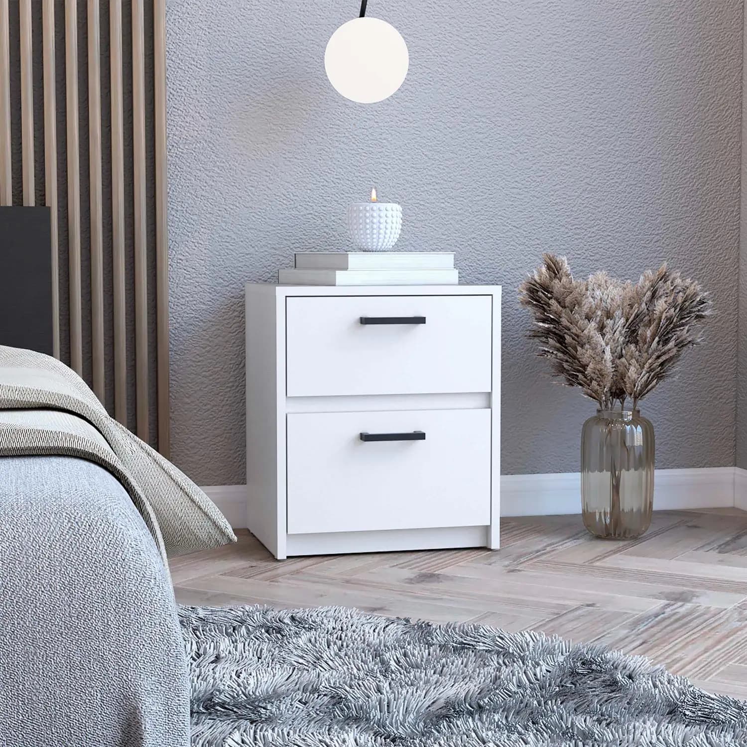 Trivor 2 Drawers Nightstand, Metal Handles White