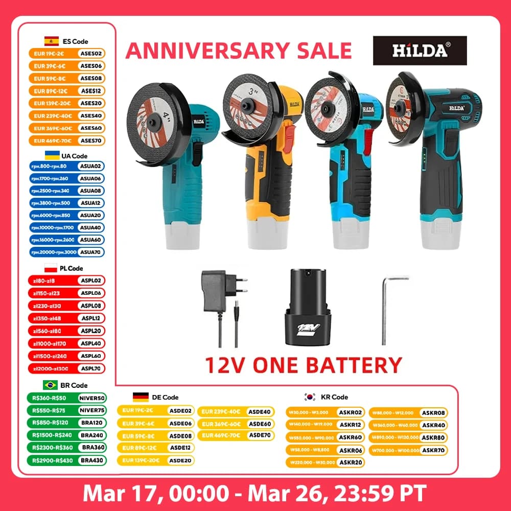 HILDA 12V 3/4 Inch Lithium Electric Angle Grinder Polishing Machine Brushless/Brushed Mini Cutting Machine Rechargeable Battery