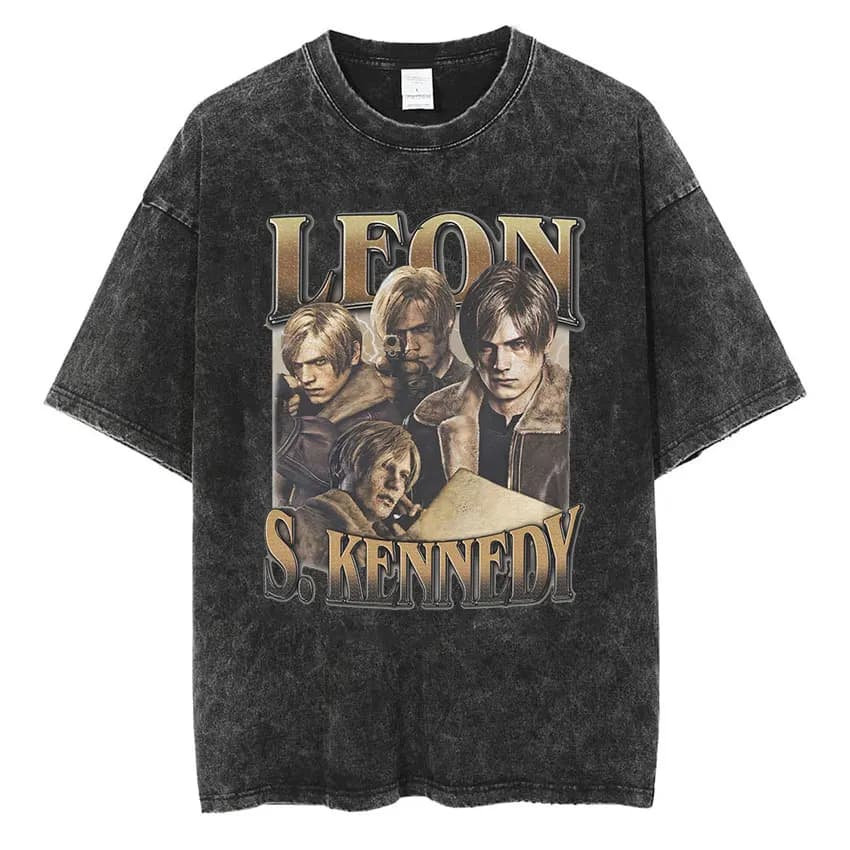 Vintage Washed Leon S Kennedy Resident Evil 4 T Shirt Men's Gothic Punk Short Sleeve T-Shirts Fashion Harajuku Oversized T-shirt