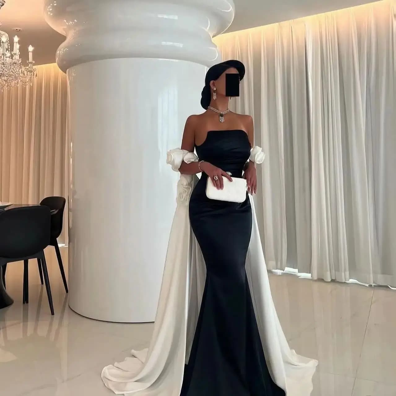 AsaNagi Elegant Black Prom Dress Women Strapless 3D Flowers Party Evening Dresses Floor Length customized Special Occasion Gowns