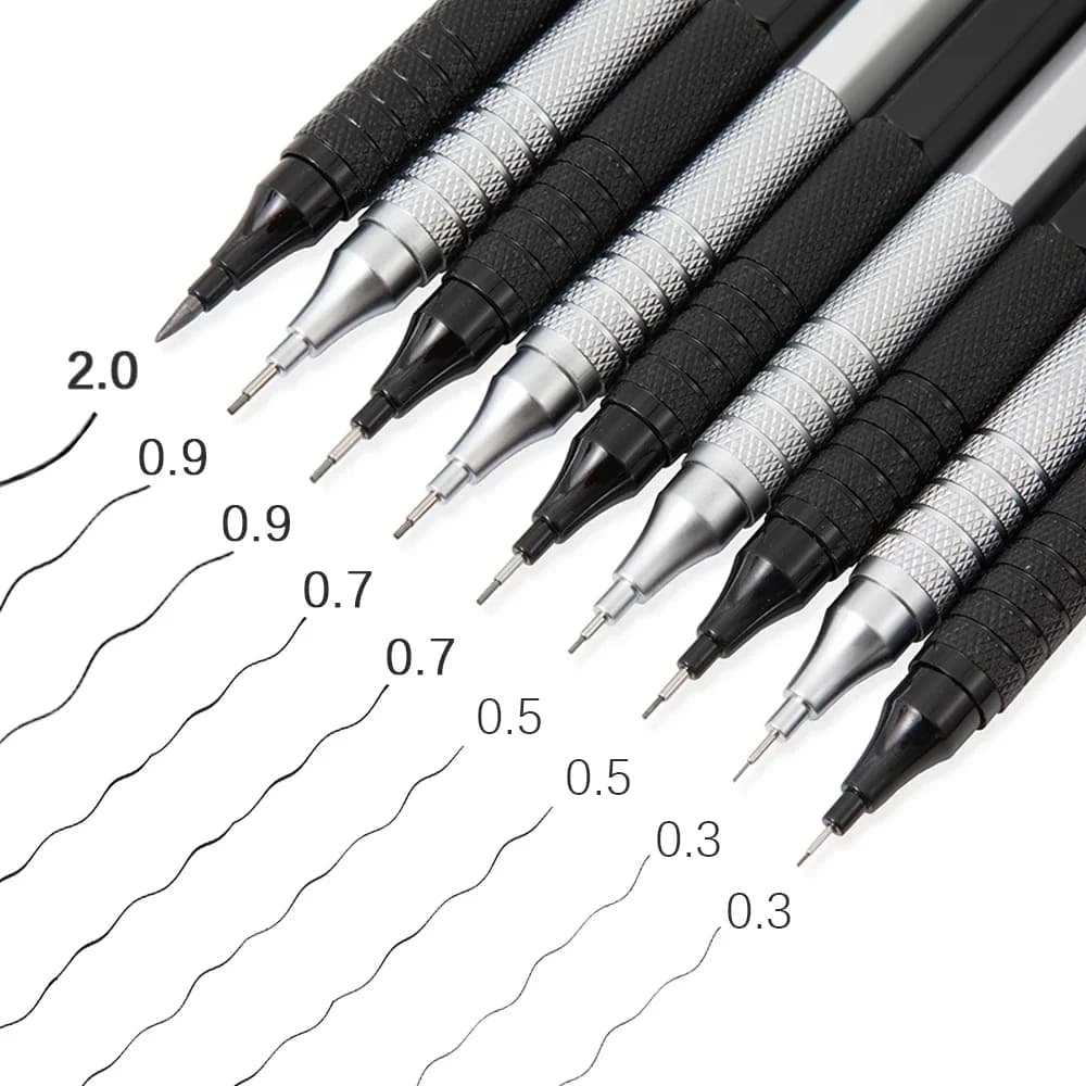 0.3 0.5 0.7 0.9 2.0mm Full Metal Mechanical Pencil Set Art Sketch HB Leads Retractable Nib School Writing Pencil Gift Stationery