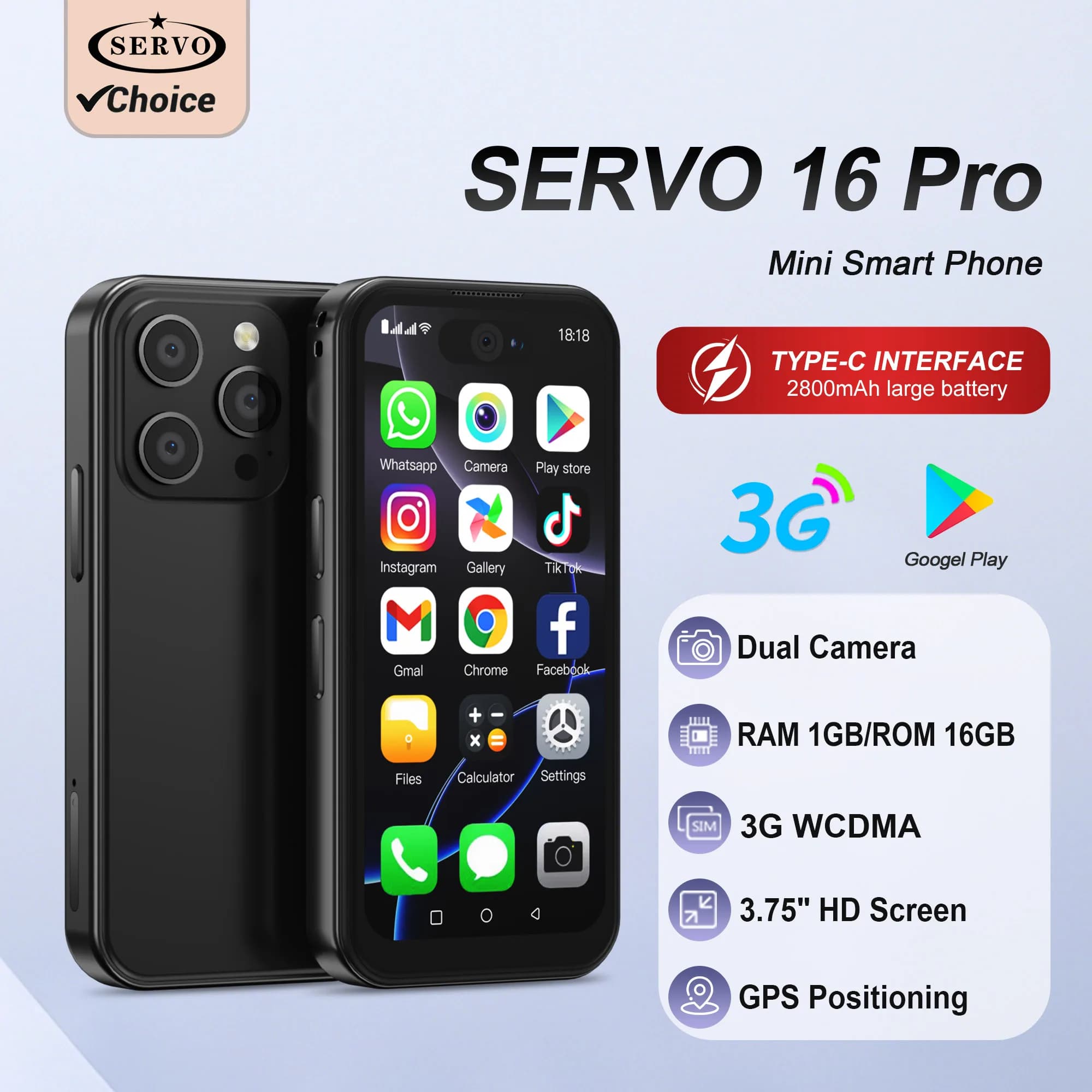 SERVO 16PRO Mini Smartphone 3G WCDMA Dual SIM Android 8.1 16GB ROM WiFi GPS Play Store 3.75"Full Screen Small Pocket Smartphones