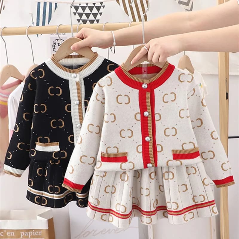 Brand Winter Toddler Girls Knitted Cardigan + Skirt 2 Pcs Suit Sets Baby Autumn Girl Fashion Printed Sweater Kids Clothes 1-8 Y