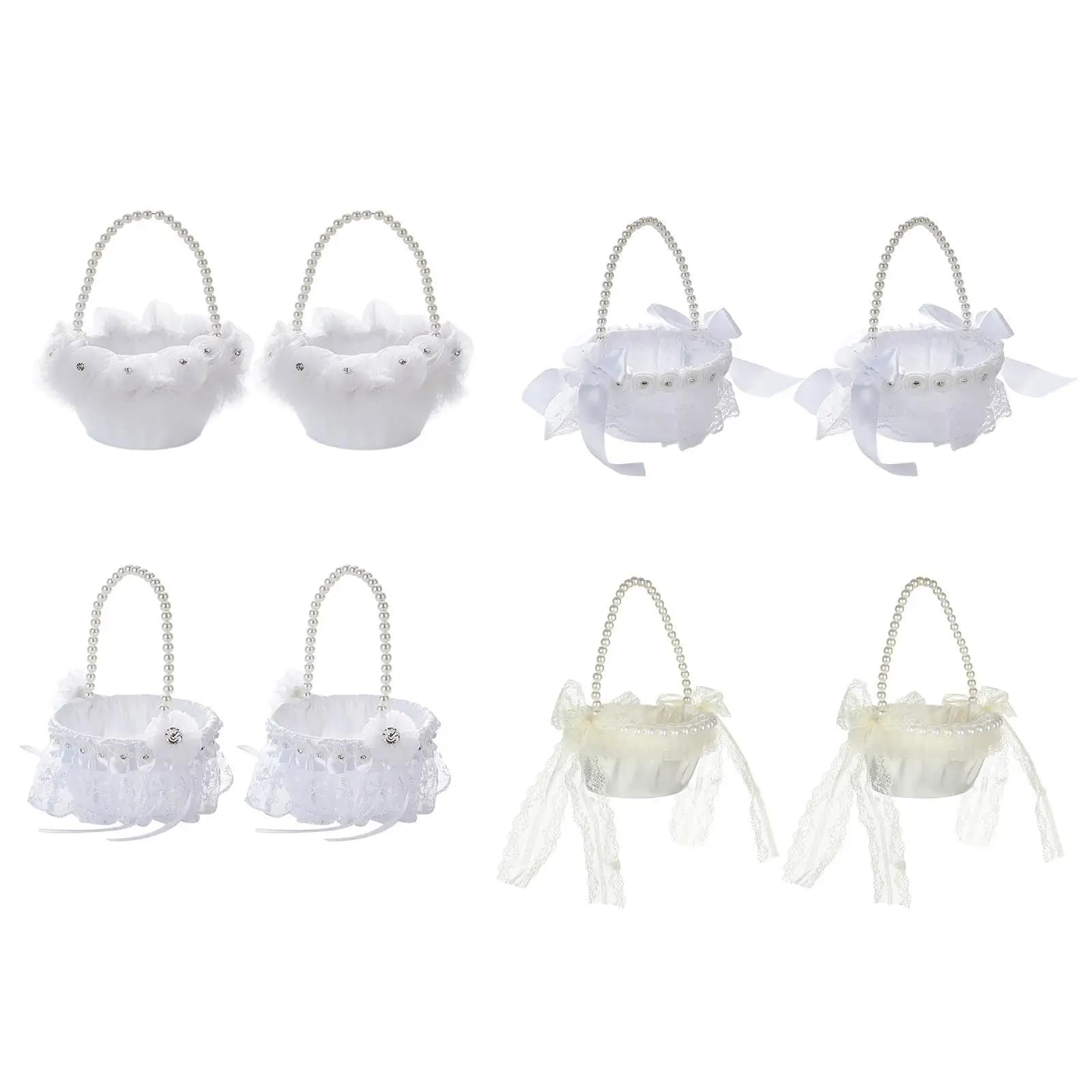 2Pcs Flower Girl Baskets for Wedding Portable Elegant Satin Flower Basket for Anniversary Bridal Banquet Bride Shower Decoration