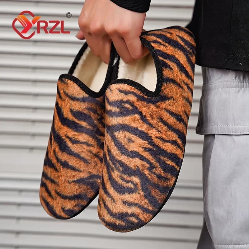 YRZL Winter Cotton Men Tiger Stripe Warm Slip on Lightweight Slippers Women Plush Home Cotton Loafers Unisex Winter Warm Shoes