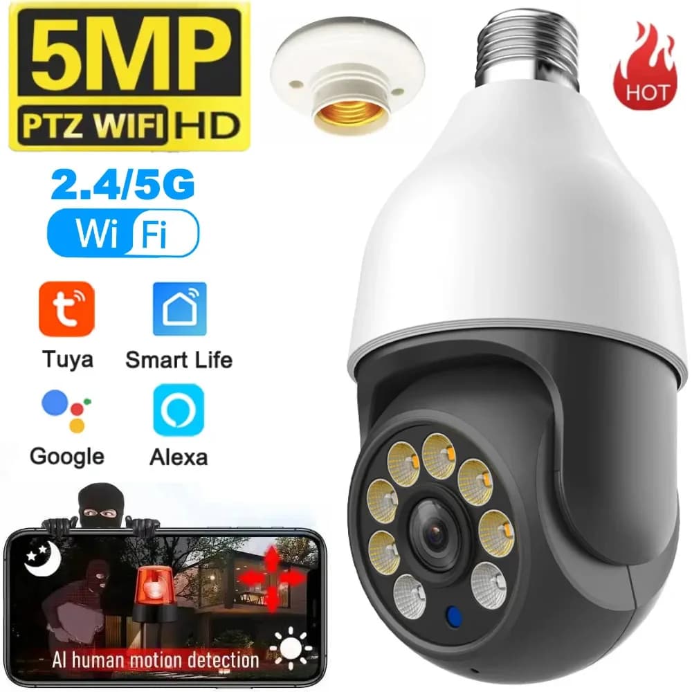 5MP E27 Light Bulb Security Camera with 5G Dual Band WiFi Waterproof Color Night Vision PTZ Wireless Surveillance by Tuya