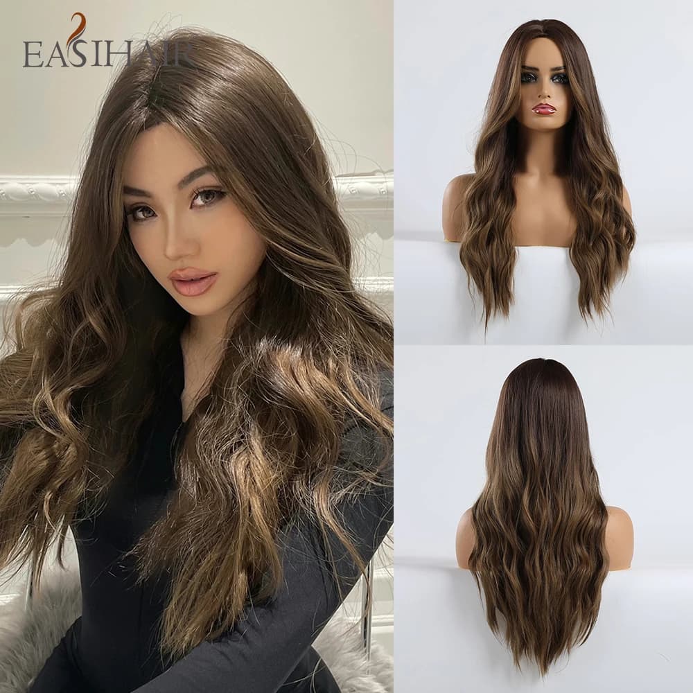 EASIHAIR Long Brown Ombre Synthetic Wigs for Women Natural Hair Wavy Wigs Middle Part Female Wig Cosplay Heat Resistant Wigs