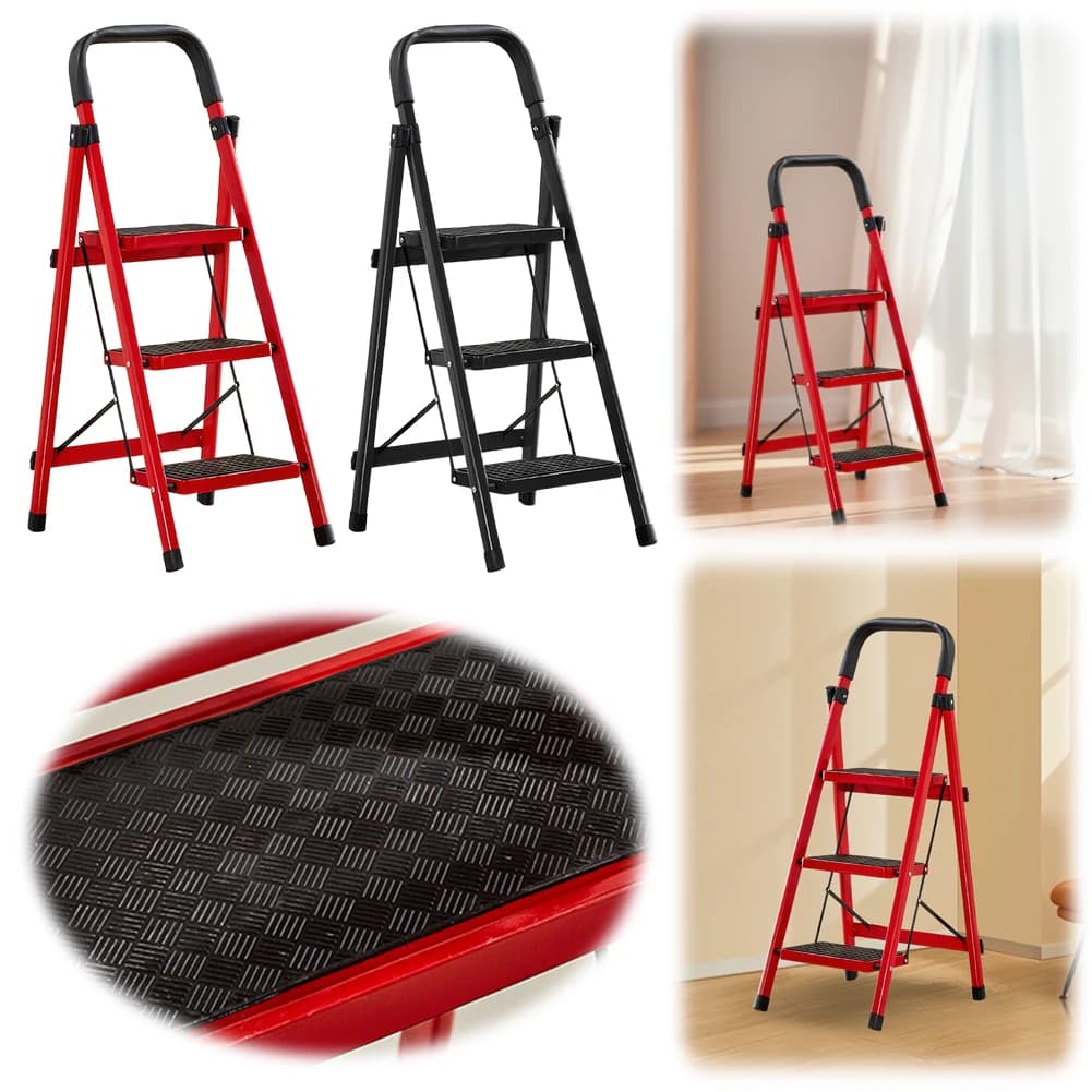 3 Steps Folding Ladder with Handrail Sturdy Steel Ladder 300 Lbs Load Capacity Compact Ladder Non-Slip Mat Easy Storage For Home