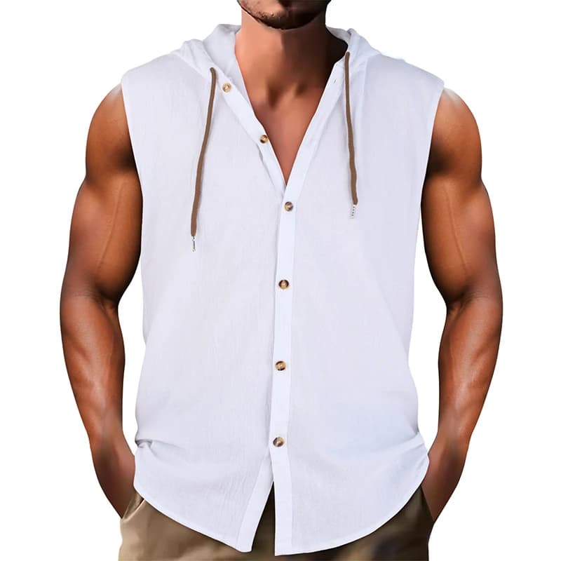 Leisure Breathable Cotton Linen Shirts Mens Hoodie Casual Solid Color Button Hooded Tops 2024 Summer Men Fashion Sleeveless Tops