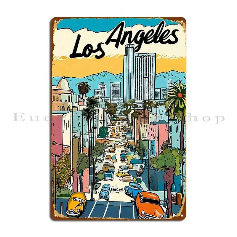 Cartoon Los Angeles With The Inscription Los Angeles Metal Signs Wall Mural Pub Living Room Personalized Kitchen Tin Sign Poster