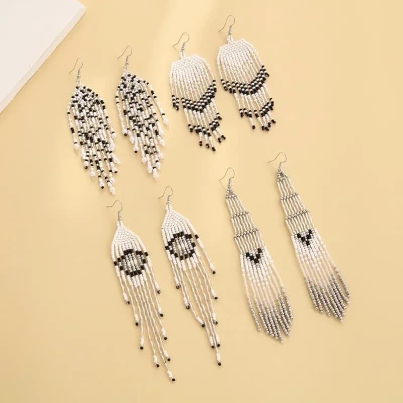 Rice bead earrings Tassel Black and white Originality Geometry Design Hand knitting Bohemia Alloy Fashion Simple Beaded earrings