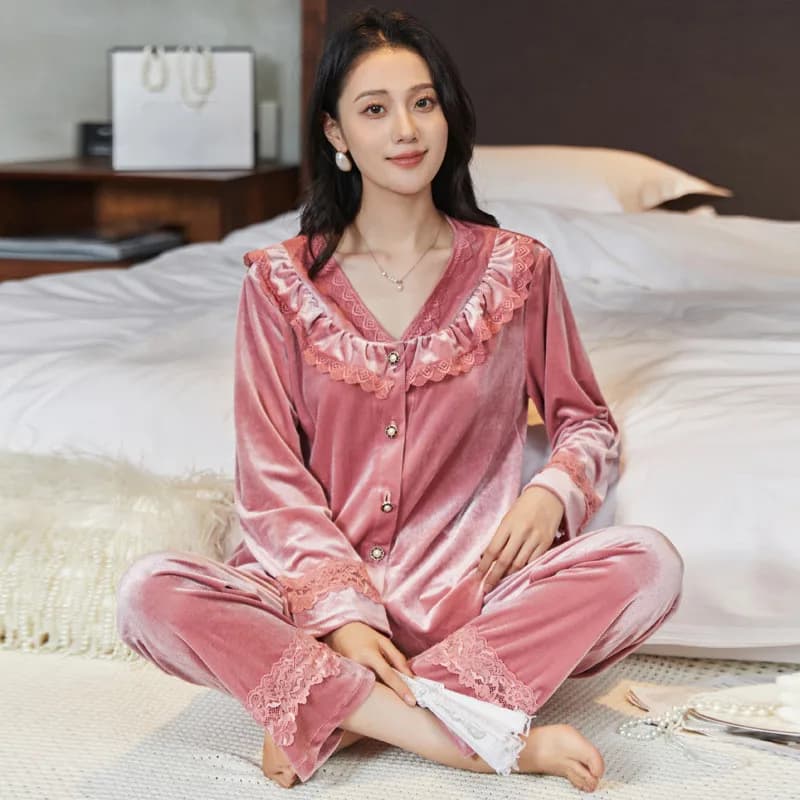 Sexy Women Velour 2PC Top Pants Pajamas Sets Sleepwear Winter Lady Home Wear Nightgown Suit Robe Bath Gown Sleepshirts