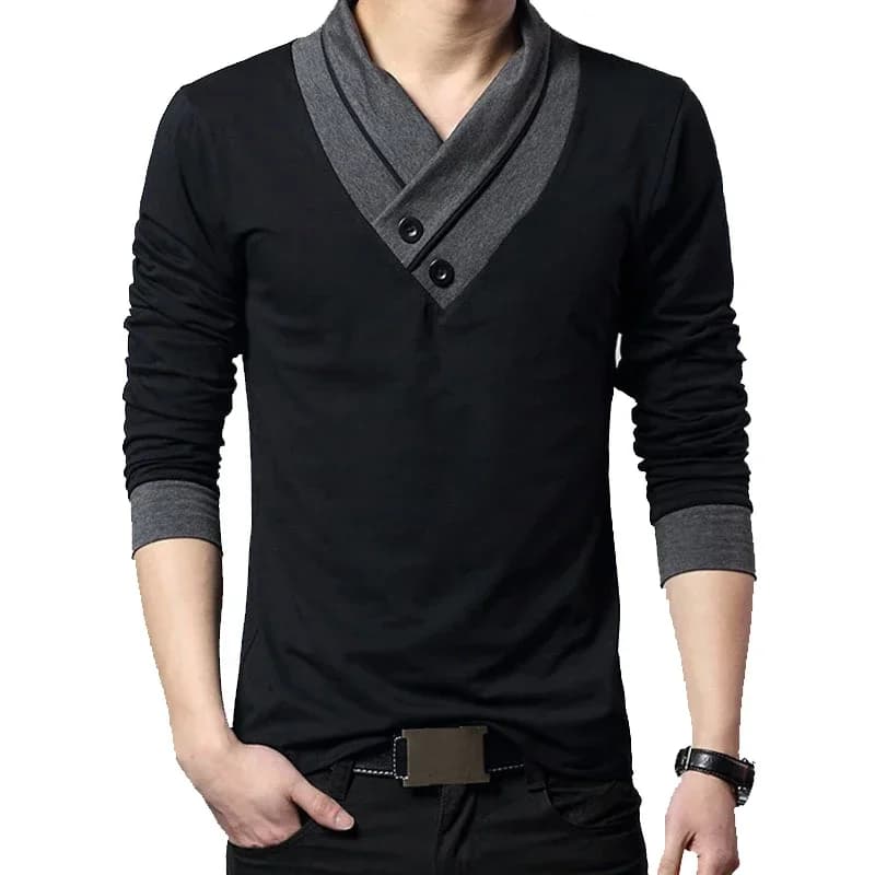 2025 Fashion Brand Trend Slim Fit Long Sleeve T Shirt Men Patchwork Collar Tee V-Neck Men T-Shirt Cotton T Shirts Plus Size 5XL