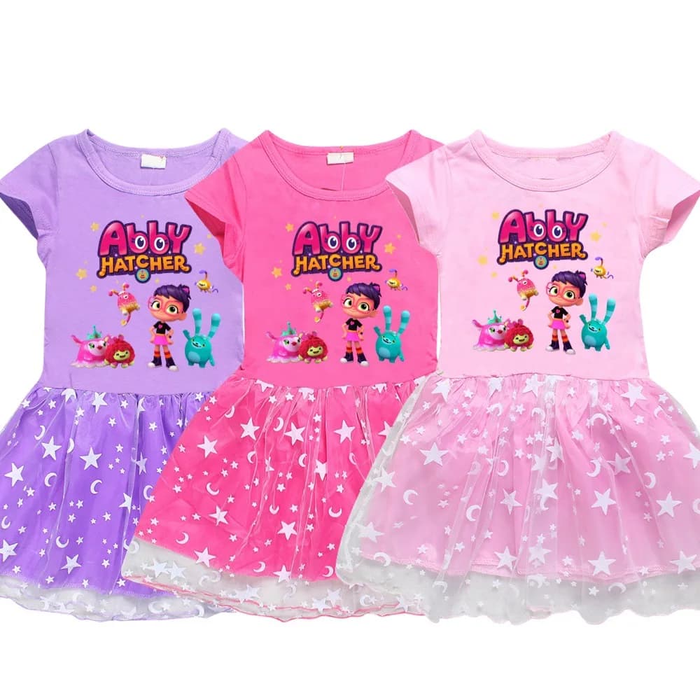 Abby Hatcher Kids Clothes Knee-Length Dresses Cotton Stars and Moon Dress Teenagers Cartoon Girls Clothing Party Clothes