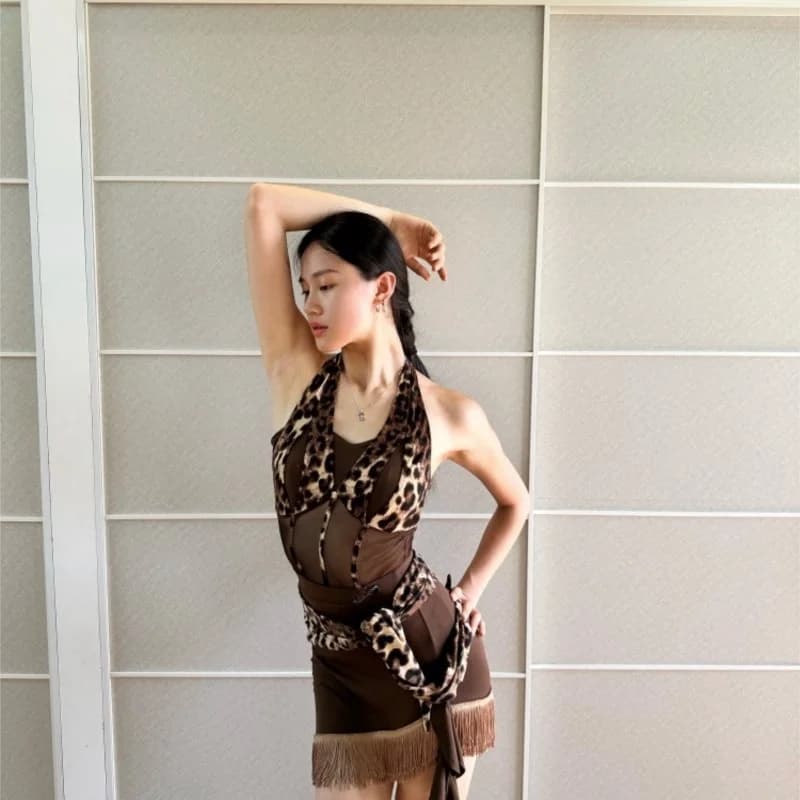 Ballroom dance Latin leopard halter performance professional top fringe skirt set