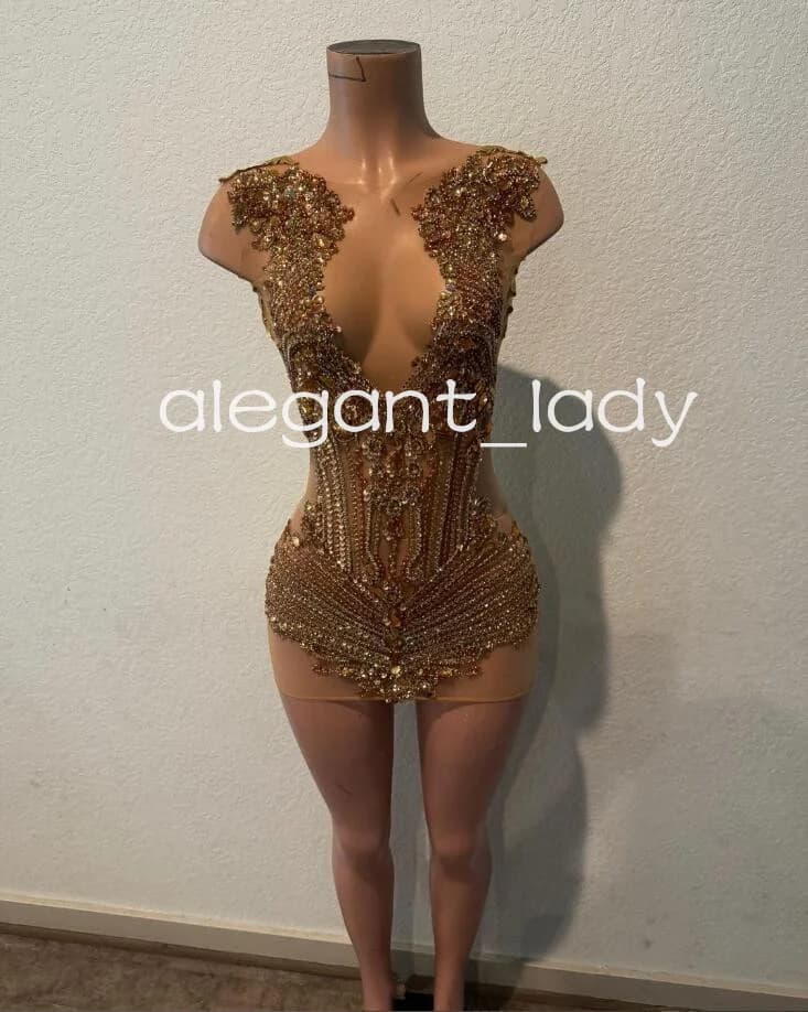 Sparkly Gold Mini Evening Cocktail Dresses for Women Luxury Diamond Crystal Sheer Mesh Birthday Gala Gown Black Girl Prom Dress