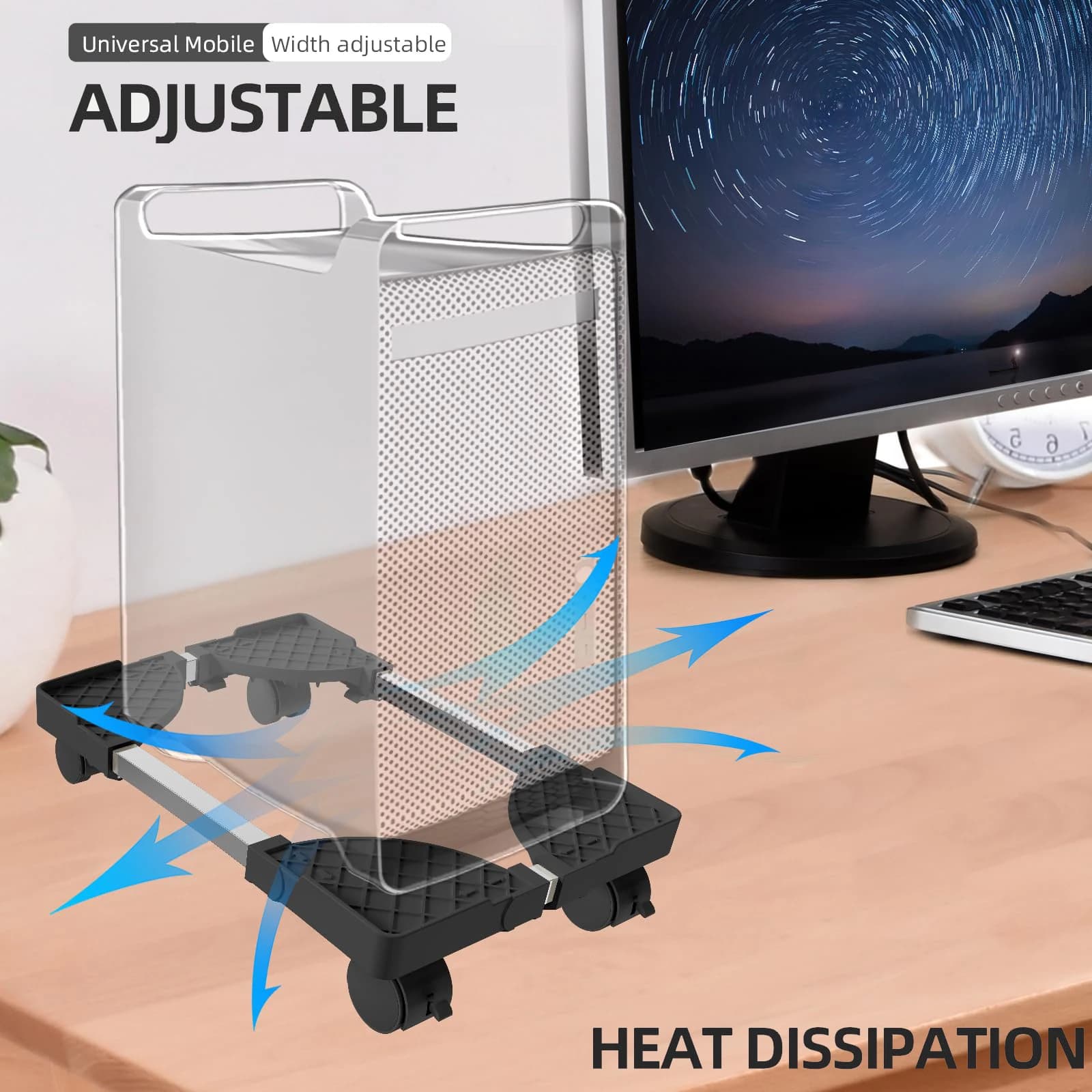 Adjustable Mobile CPU Stand with Rolling Caster Wheels Premium PC Tower Stand Holder for Floor Carpet Gaming PC Case